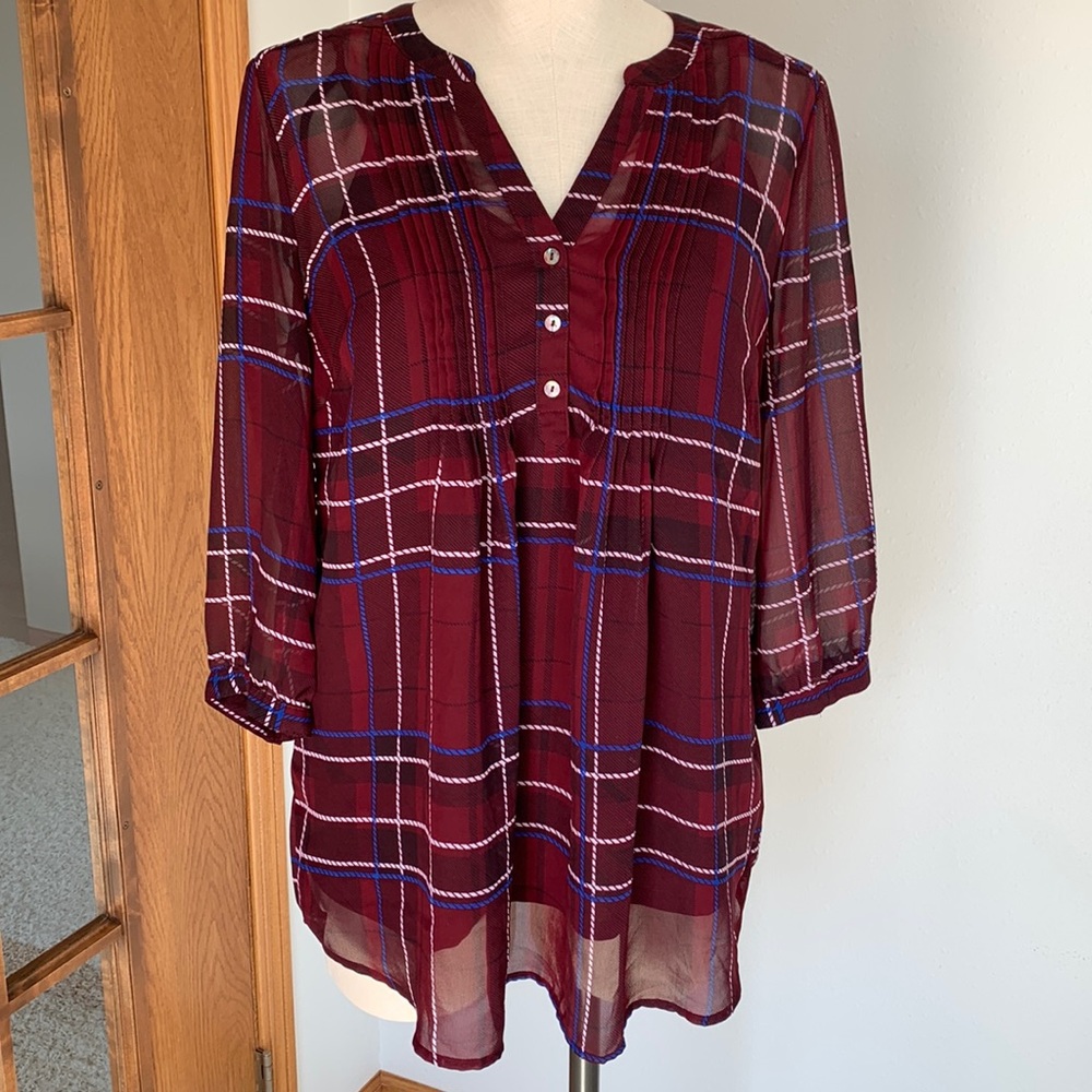 Motherhood Maternity Top, burgundy with Blue and White stripes. Size Med…